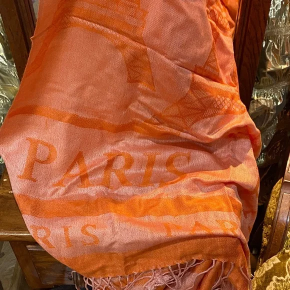 Paris Script Orange Silk Blend Scarf Wrap 80 x 27 inch NWOTs - Picture 2 of 7